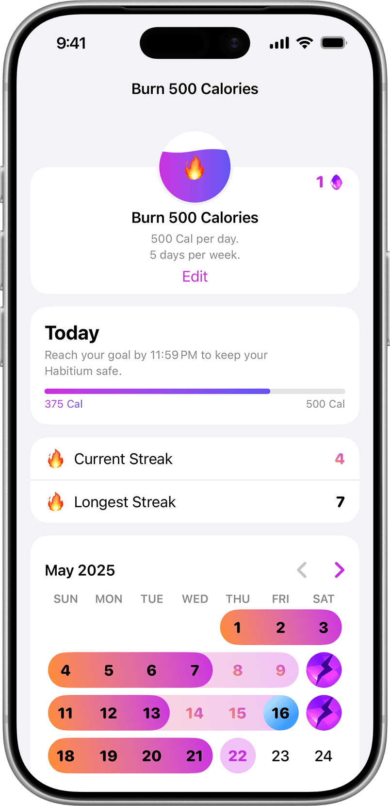 Wizify habit detail view with calendar and streak tracking