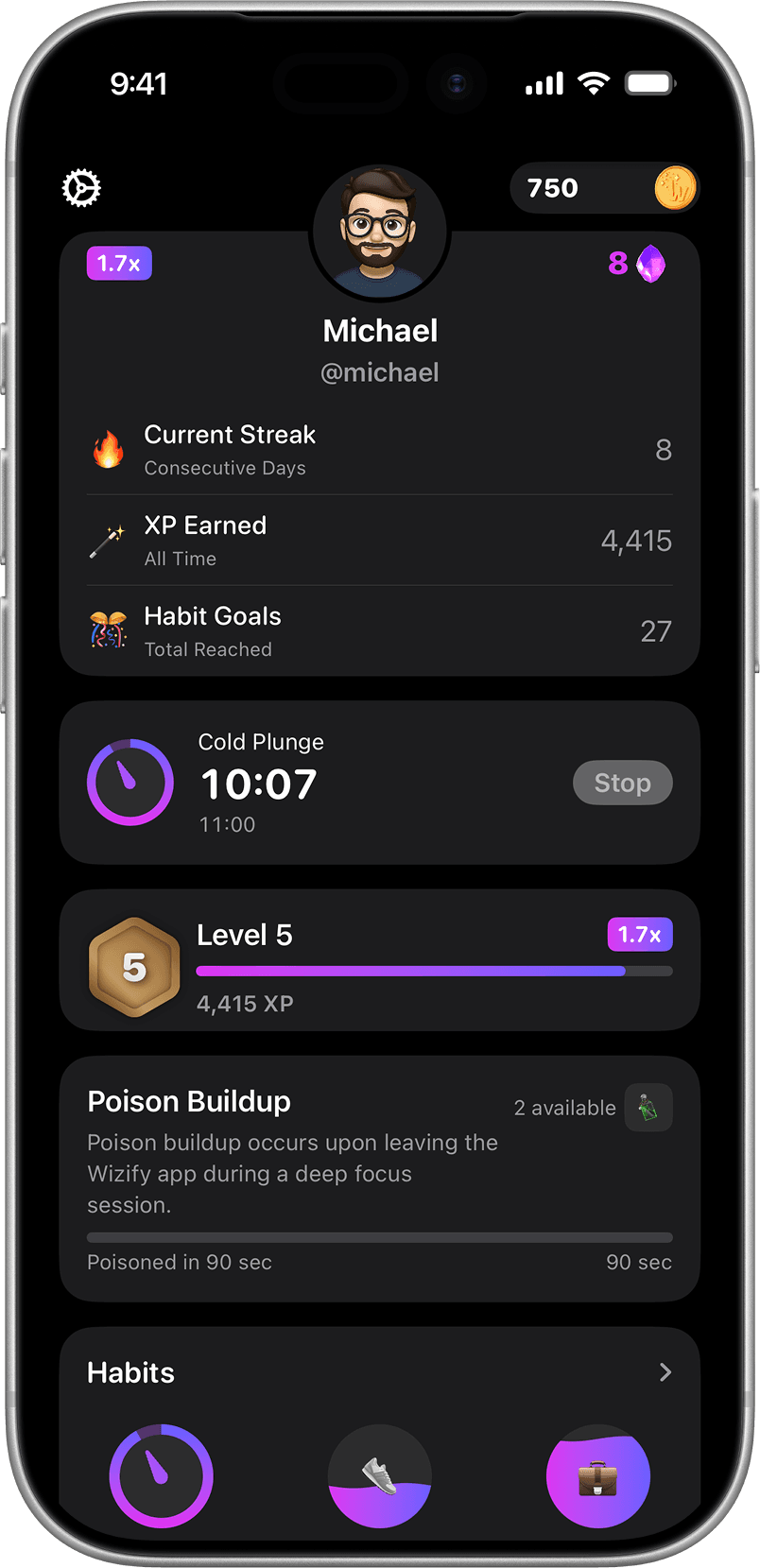 Wizify home screen showing profile, stats, and active habits